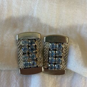 Rectangular Vintage Clip on‎ Earrings Silver Tone w/ Blue Rhinestones
